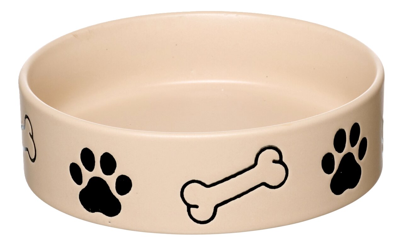 Ritzenhoff & Breker Napf 850ml Dog MIKA Beige Hundenapf mit schwarzen Pfotenabdrücken und Knochenmotiven, seitliche Perspektive