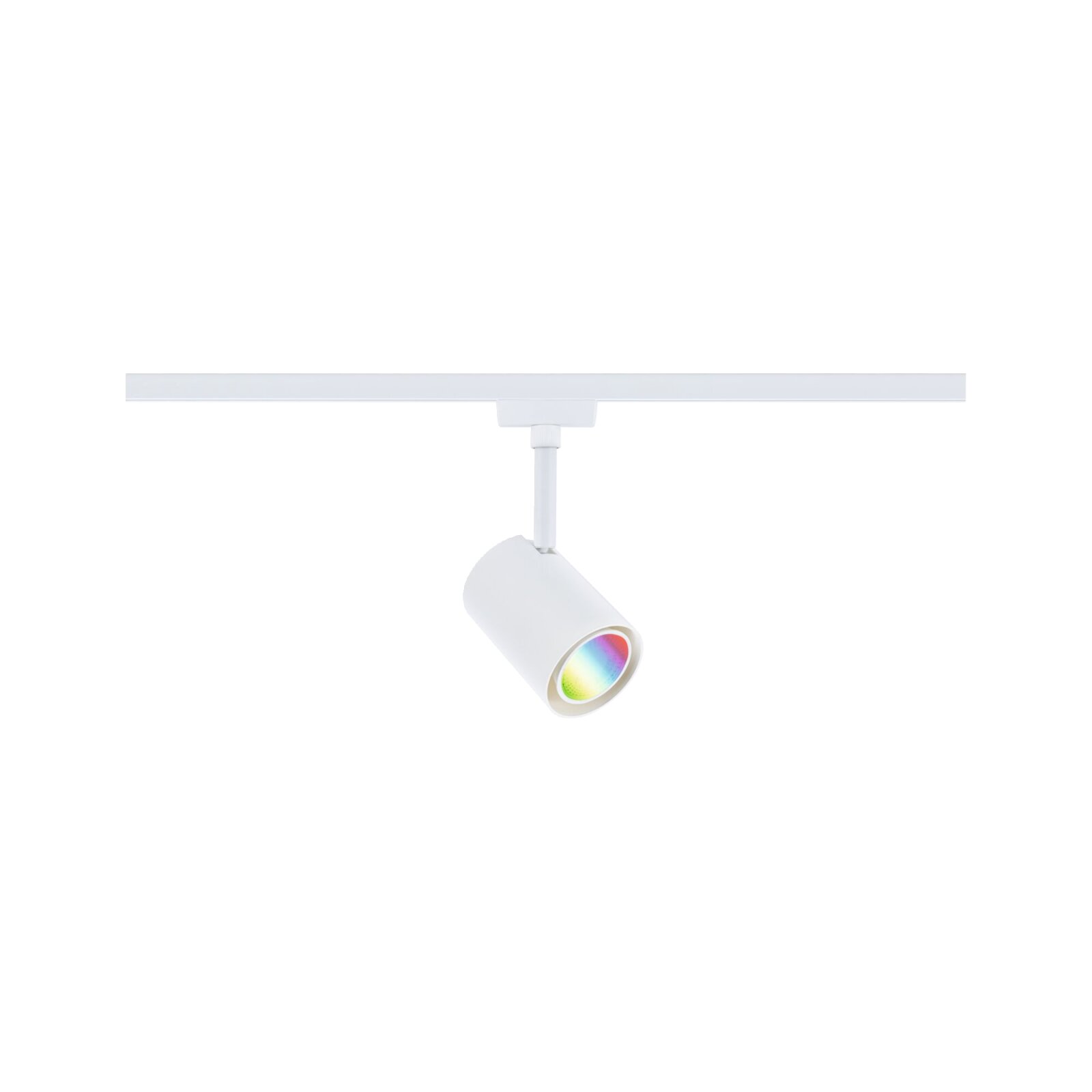 Witte railspot Luxe met cilindrisch ontwerp, gemonteerd op een rail, gezien van voren. De spot straalt een regenboogkleurig licht uit.