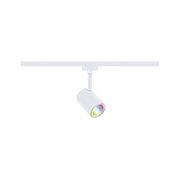 Witte railspot Luxe met cilindrisch ontwerp, gemonteerd op een rail, gezien van voren. De spot straalt een regenboogkleurig licht uit.