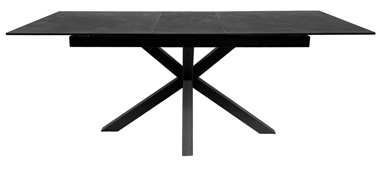 Moderne zwarte eettafel met X-vormig onderstel, zijaanzicht