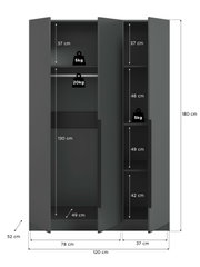 Offener, dunkelgrauer 3-türiger Kleiderschrank in Frontalansicht mit Maßangaben (120 x 180 x 52 cm), links Kleiderstange und Ablagefächer, rechts mehrere Regalfächer sowie angegebene Fachhöhen und Belastungen (5 kg/20 kg).