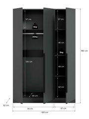 Offener, dunkelgrauer 3-türiger Kleiderschrank in Frontalansicht mit Maßangaben (120 x 180 x 52 cm), links Kleiderstange und Ablagefächer, rechts mehrere Regalfächer sowie angegebene Fachhöhen und Belastungen (5 kg/20 kg).