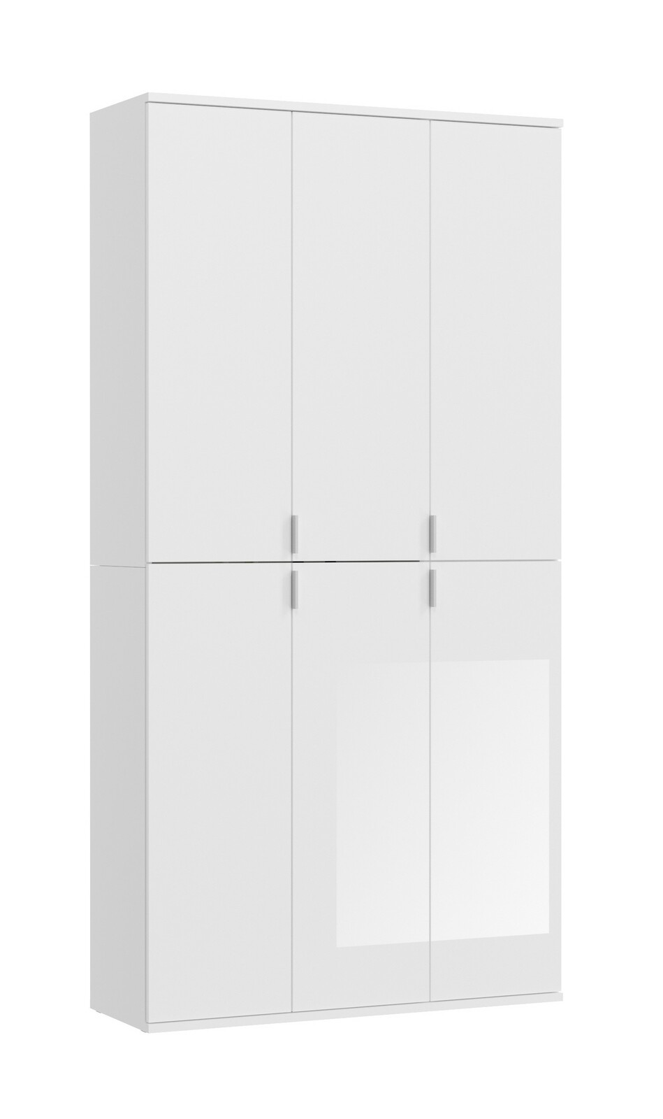 Weiße Garderobenkombination mit sechs Türen, frontal betrachtet.