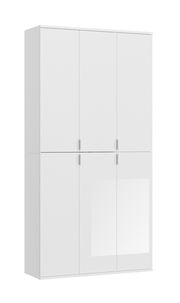 Weiße Garderobenkombination mit sechs Türen, frontal betrachtet.