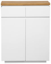 Moderner weißer Schuhschrank mit zwei Schubladen und Holzplatte, Frontalansicht