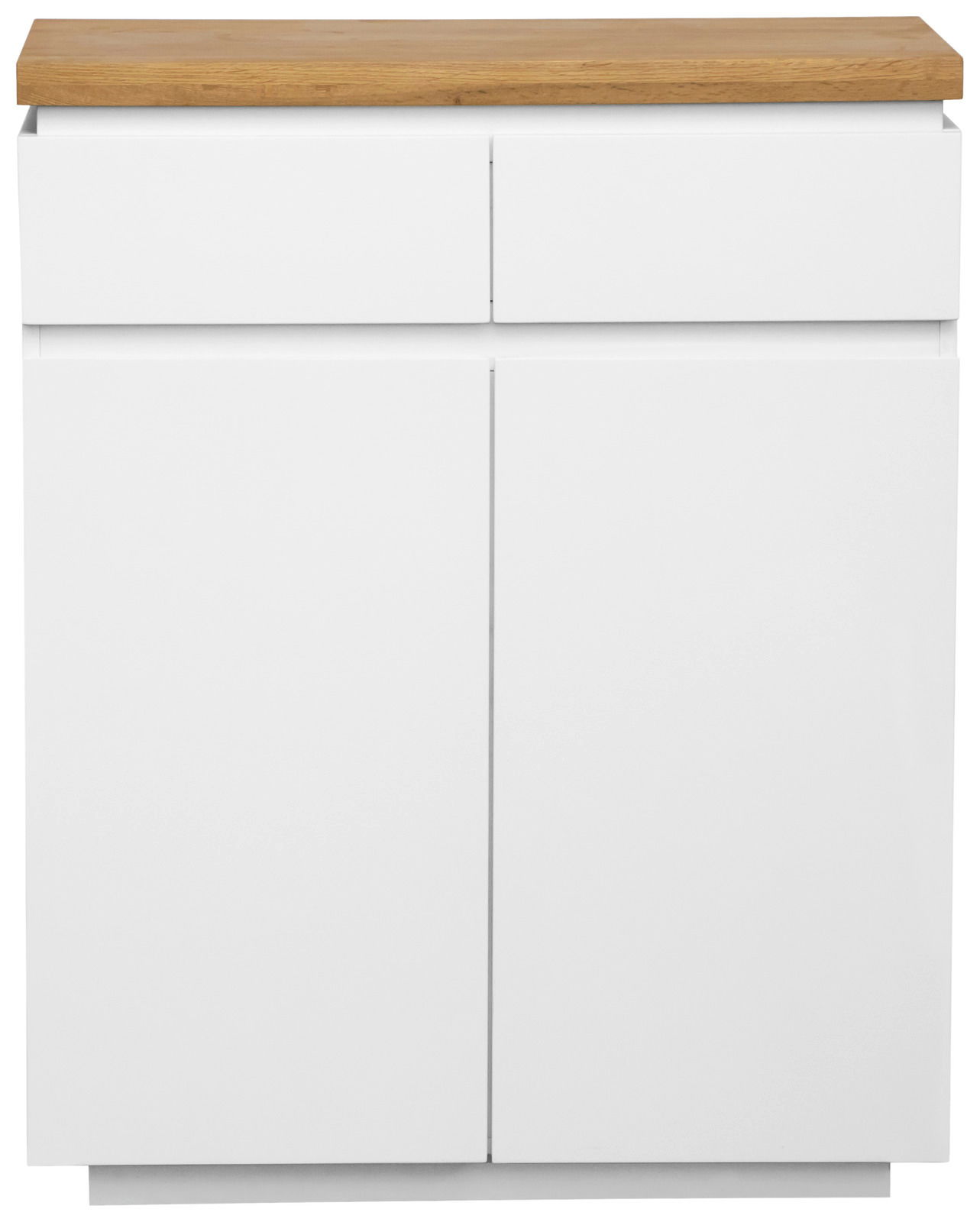 Moderner weißer Schuhschrank mit zwei Schubladen und Holzplatte, Frontalansicht