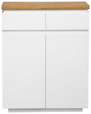 Moderner weißer Schuhschrank mit zwei Schubladen und Holzplatte, Frontalansicht