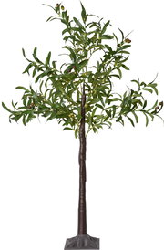 Künstlicher Olivenbaum mit grünem Laub, kleinen Oliven und integrierter warmweißer Lichterkette auf Standfuß, freigestellt vor weißem Hintergrund, Frontalansicht