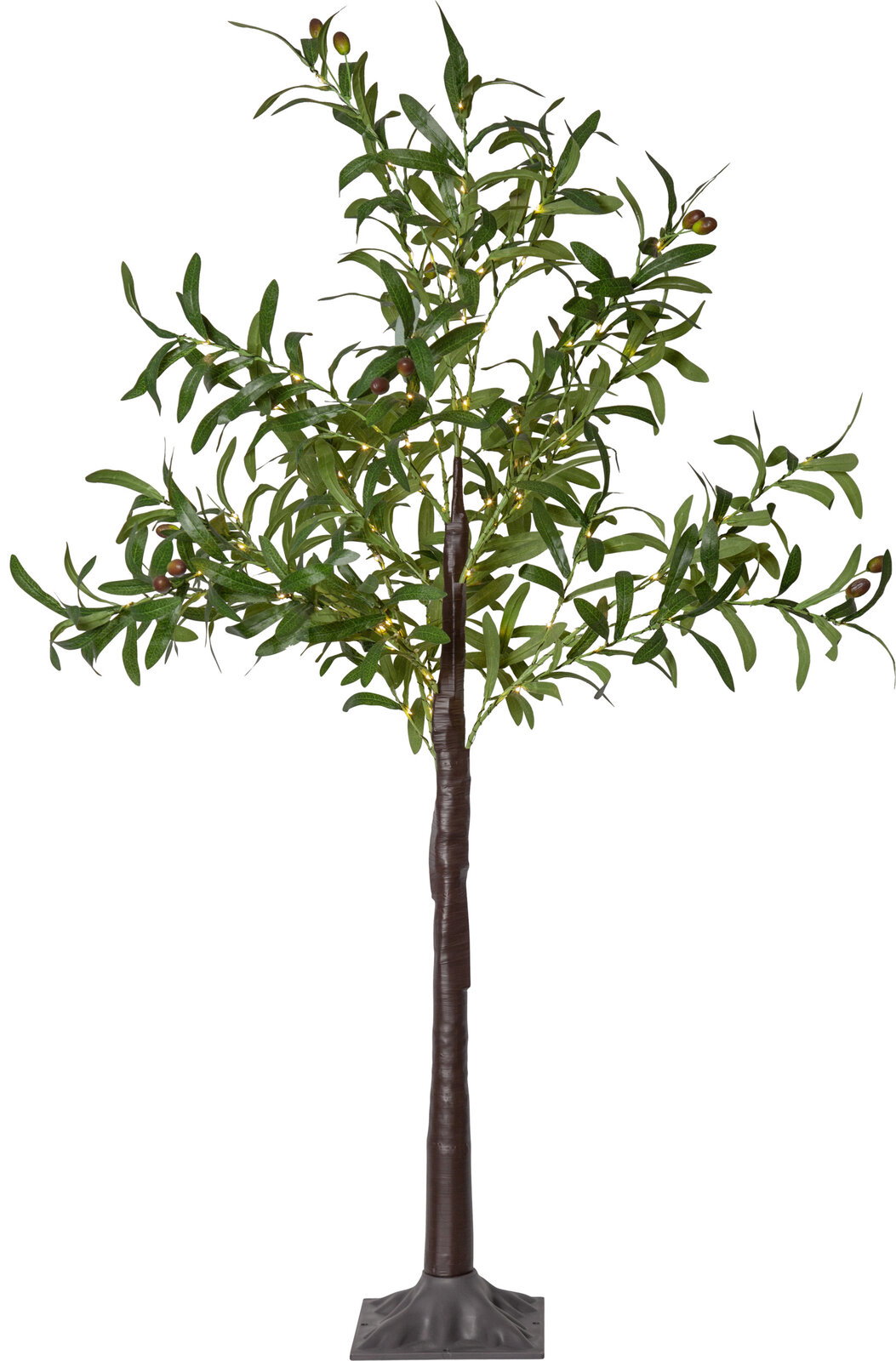 Künstlicher Olivenbaum mit grünem Laub, kleinen Oliven und integrierter warmweißer Lichterkette auf Standfuß, freigestellt vor weißem Hintergrund, Frontalansicht