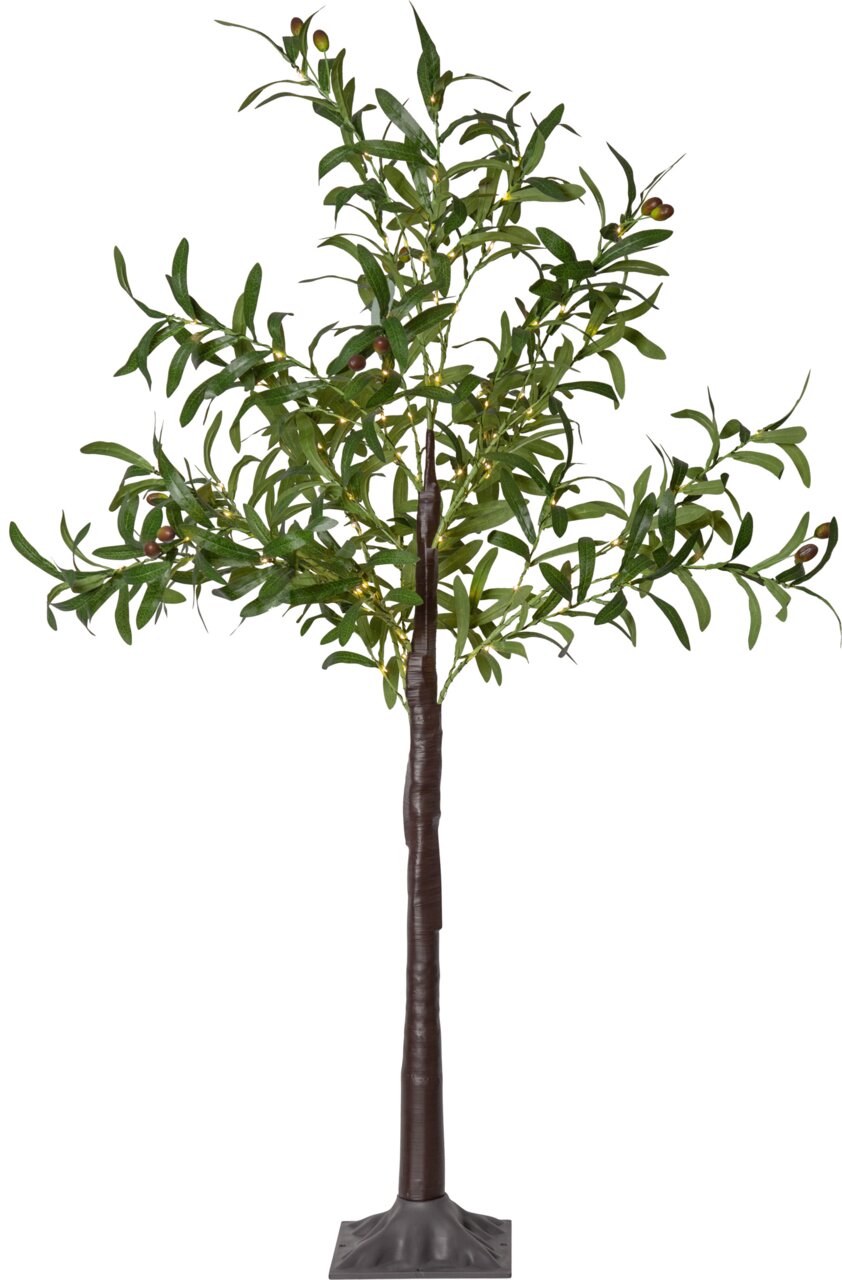Künstlicher Olivenbaum mit grünem Laub, kleinen Oliven und integrierter warmweißer Lichterkette auf Standfuß, freigestellt vor weißem Hintergrund, Frontalansicht
