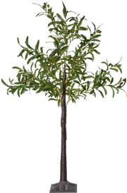Kunstmatige olijfboom met groen blad, kleine olijven en een ingebouwde warmwitte lichtslinger op een voetstuk, vrijstaand tegen een witte achtergrond, vooraanzicht