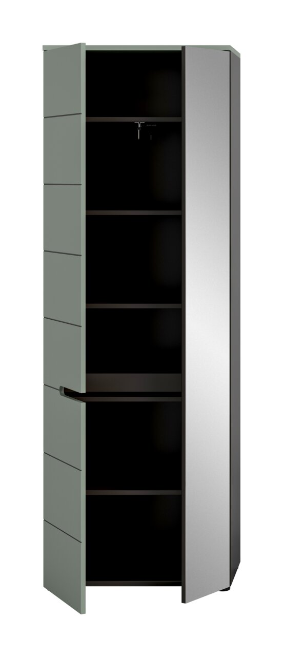 Hoher, moderner Hochschrank in Grau mit geöffneten Türen, dunklem Innenraum und mehreren Einlegeböden, Ansicht schräg von vorn
