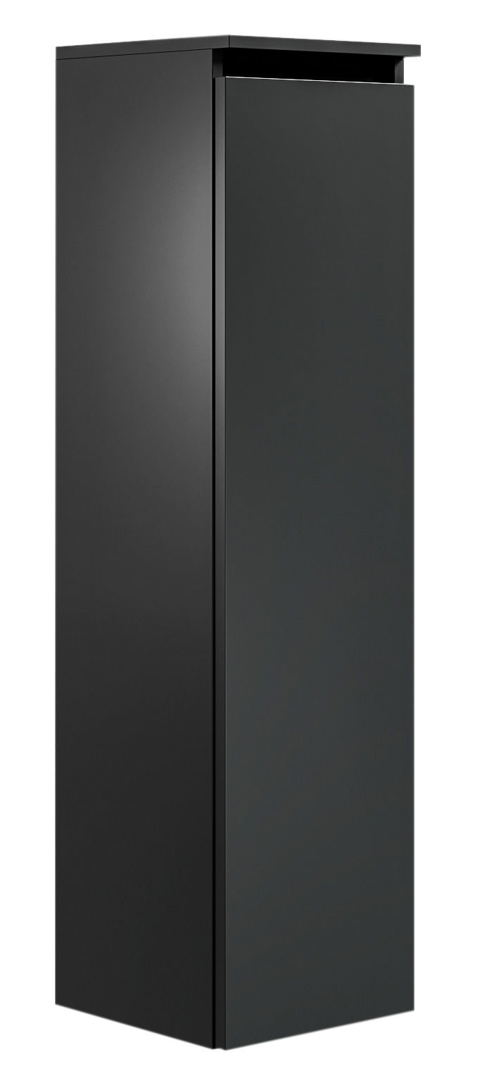 Schwarzer, moderner Badezimmerschrank in Frontalansicht mit glatter Oberfläche.