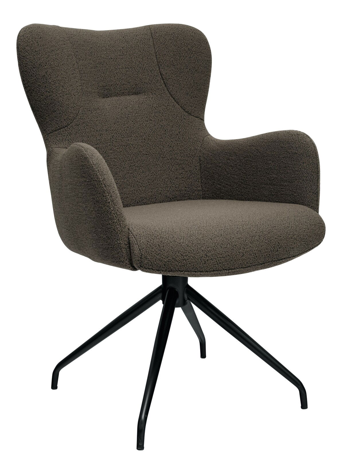 Moderner Armlehnstuhl mit schwarzem Metallgestell und braunem Stoffbezug, seitliche Perspektive