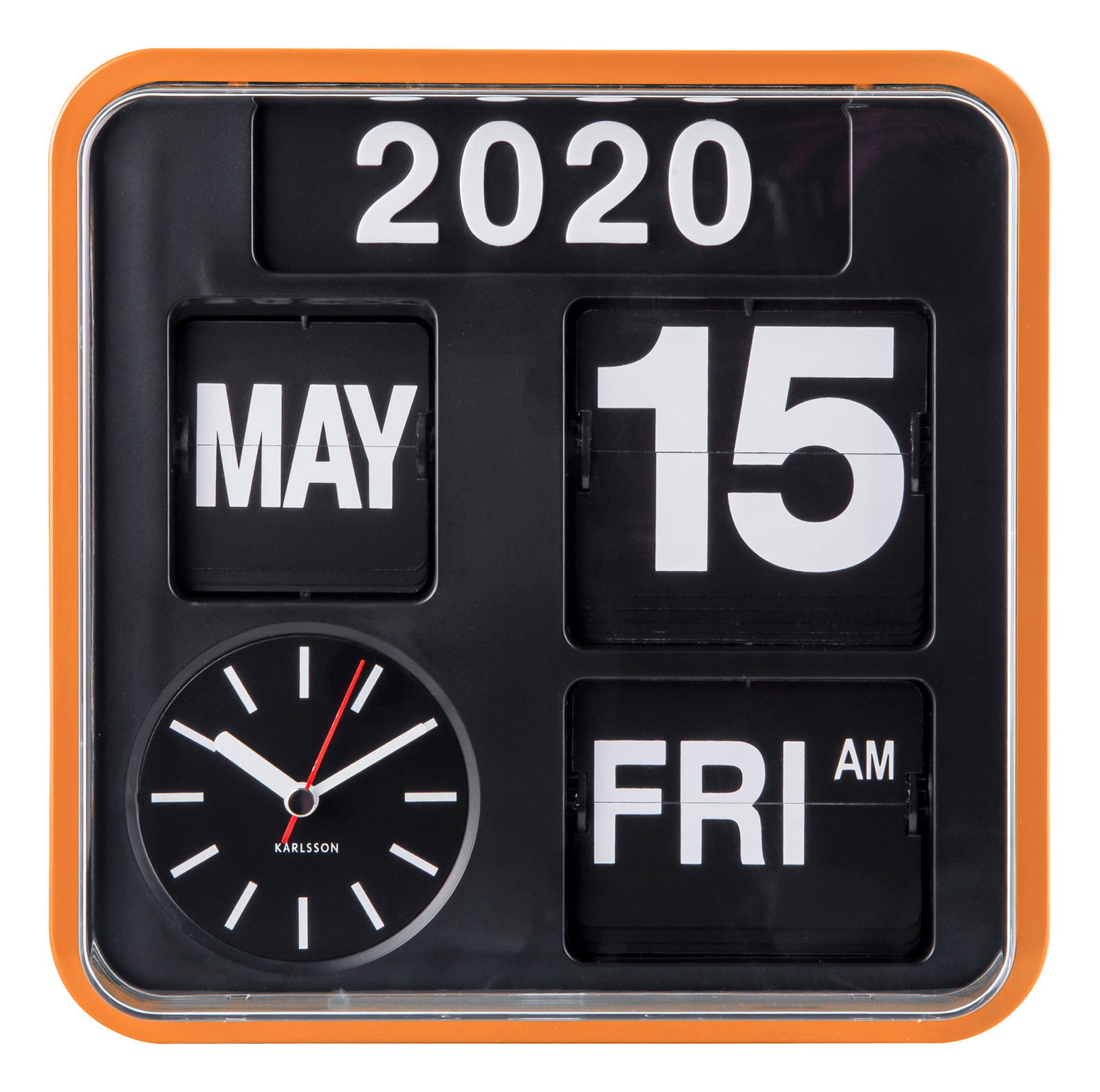 Vorderansicht einer orangefarbenen Mini Flip Wanduhr mit Datums- und Wochentagsanzeige.