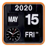 Vorderansicht einer orangefarbenen Mini Flip Wanduhr mit Datums- und Wochentagsanzeige.