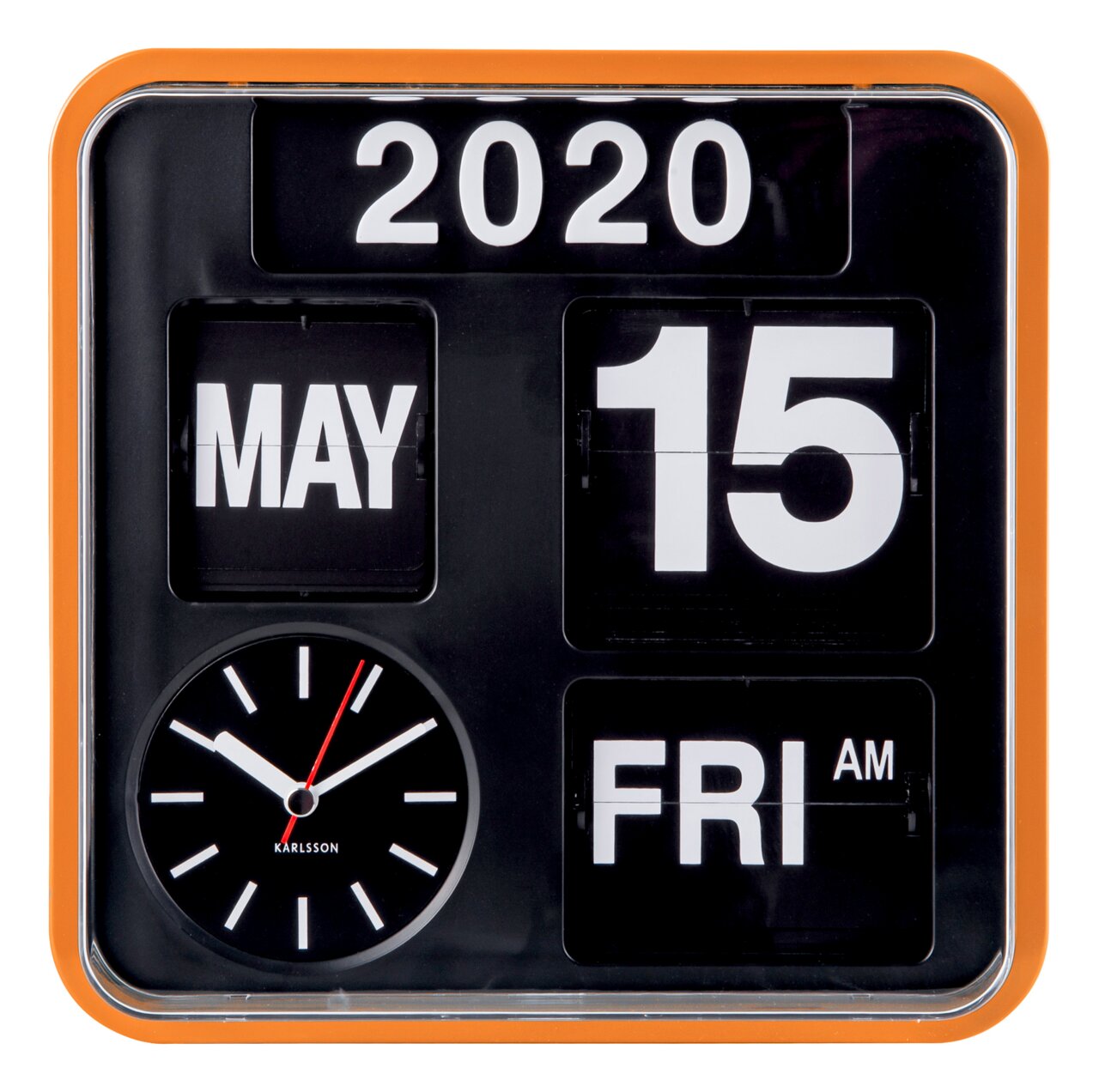 Vorderansicht einer orangefarbenen Mini Flip Wanduhr mit Datums- und Wochentagsanzeige.