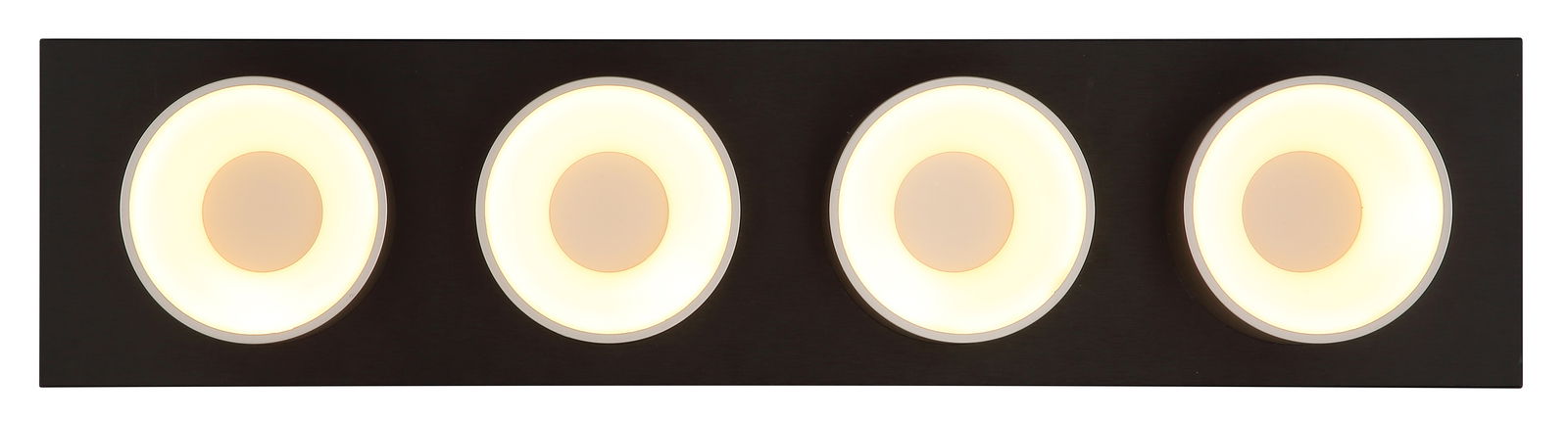 Moderne Deckenleuchte mit vier runden, leuchtenden Elementen in einer rechteckigen Anordnung, Ansicht von unten.