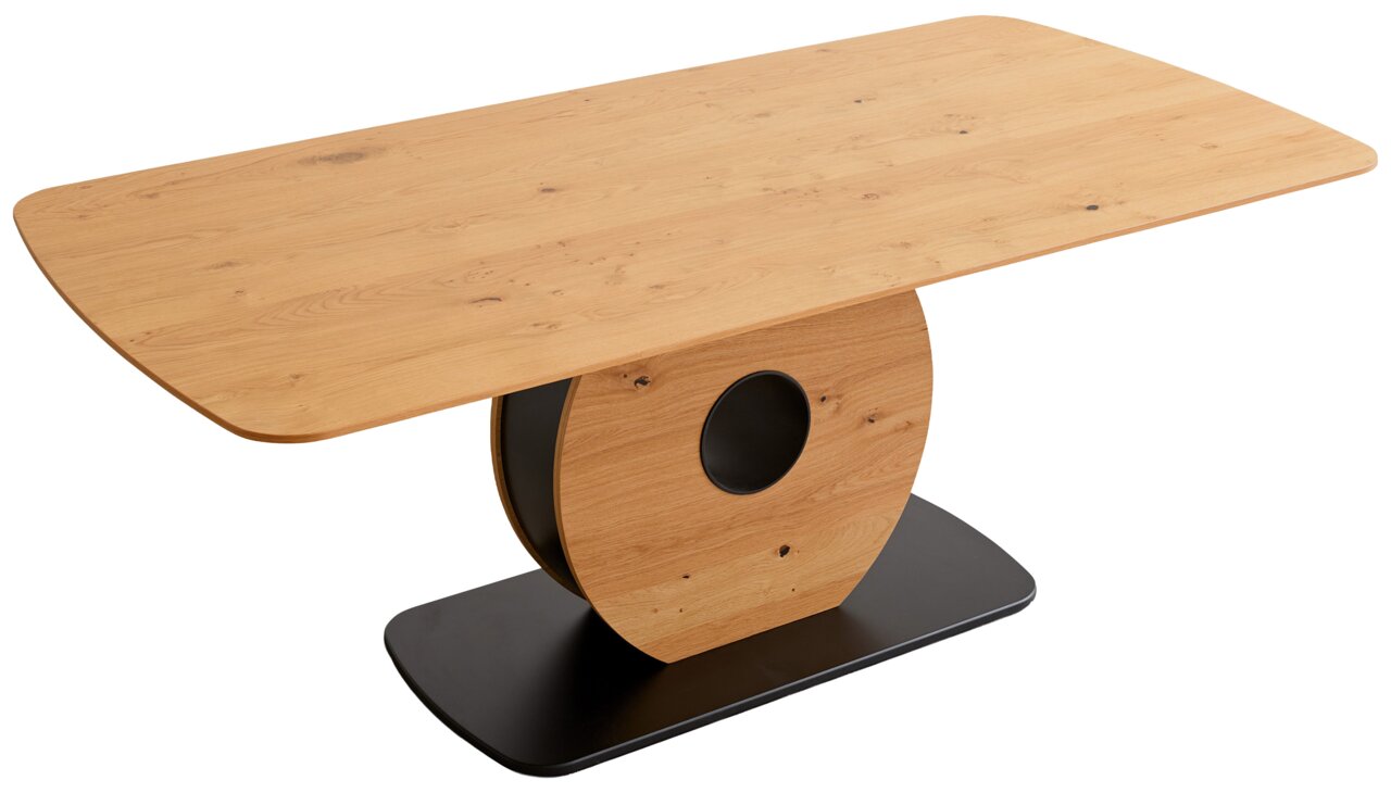 Moderner Esstisch aus Holz mit ovaler Tischplatte und einzigartigem, rundem Sockel, seitliche Perspektive