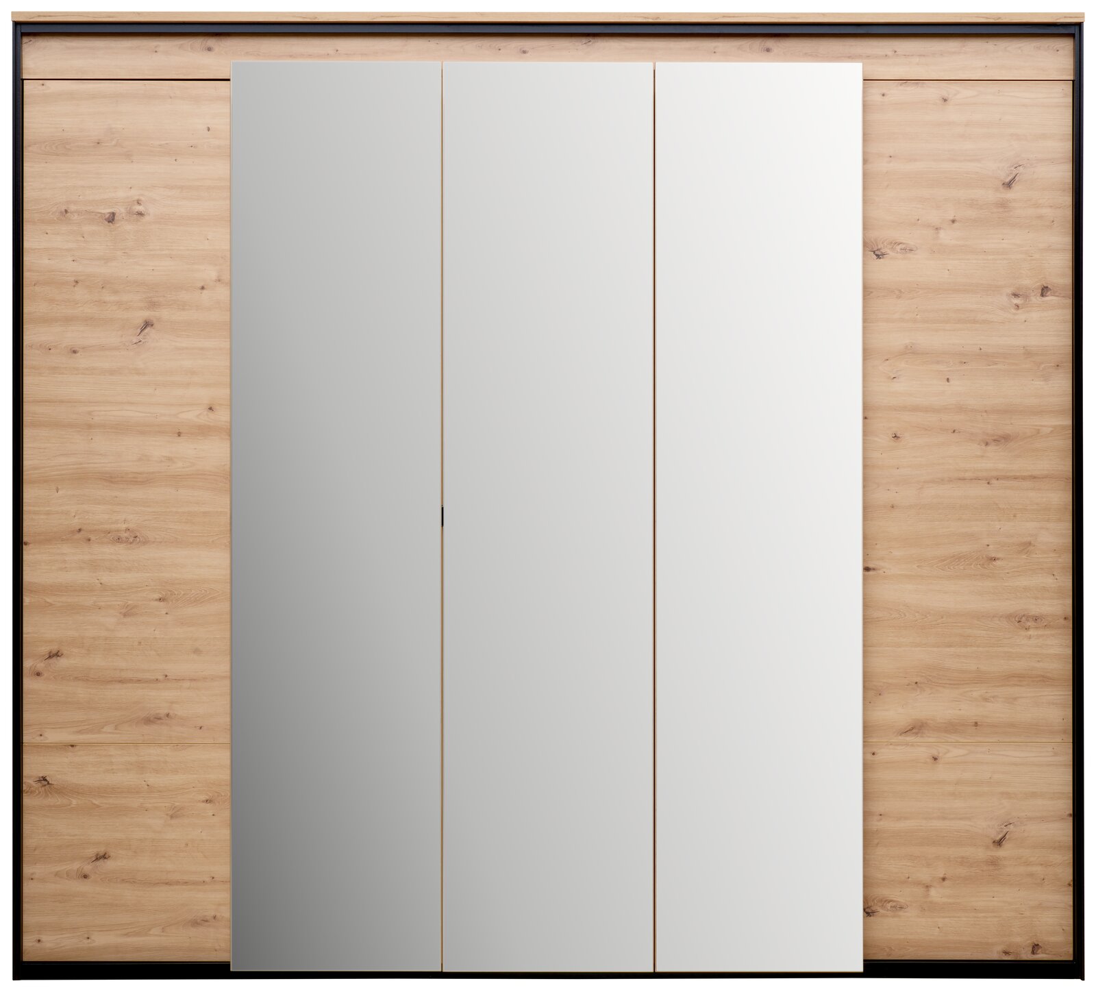 5-türiger Drehtürenschrank in Holzoptik mit zwei Spiegeltüren, Frontalansicht