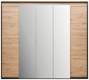 5-türiger Drehtürenschrank in Holzoptik mit zwei Spiegeltüren, Frontalansicht