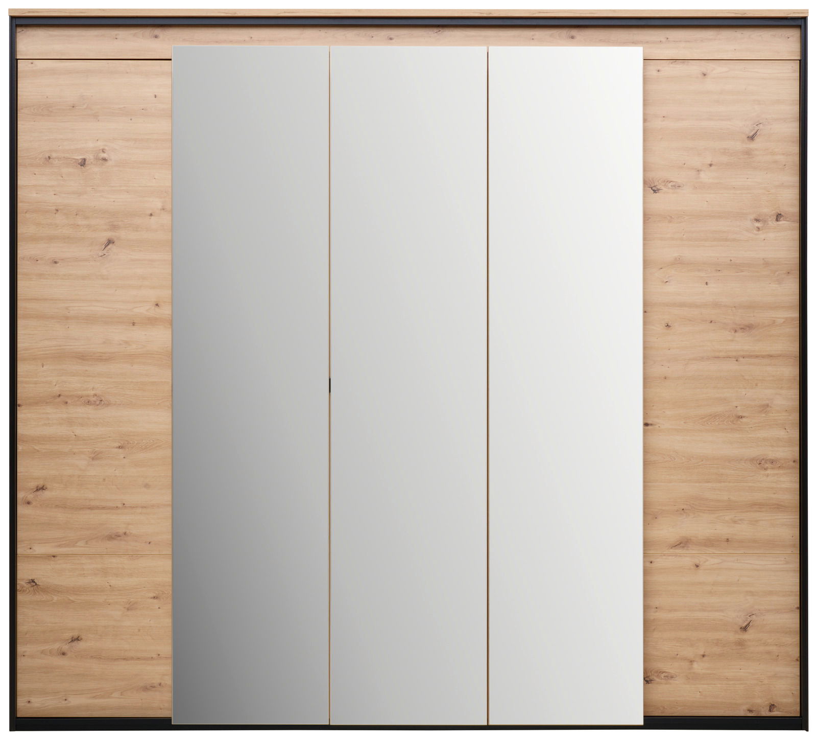 5-türiger Drehtürenschrank in Holzoptik mit zwei Spiegeltüren, Frontalansicht