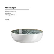Keramikschale in Weiß mit blau-grün gesprenkelter Innenglasur, ca. 17,5 cm Durchmesser und 6 cm Höhe (800 ml), Produktansicht schräg von vorne leicht von oben