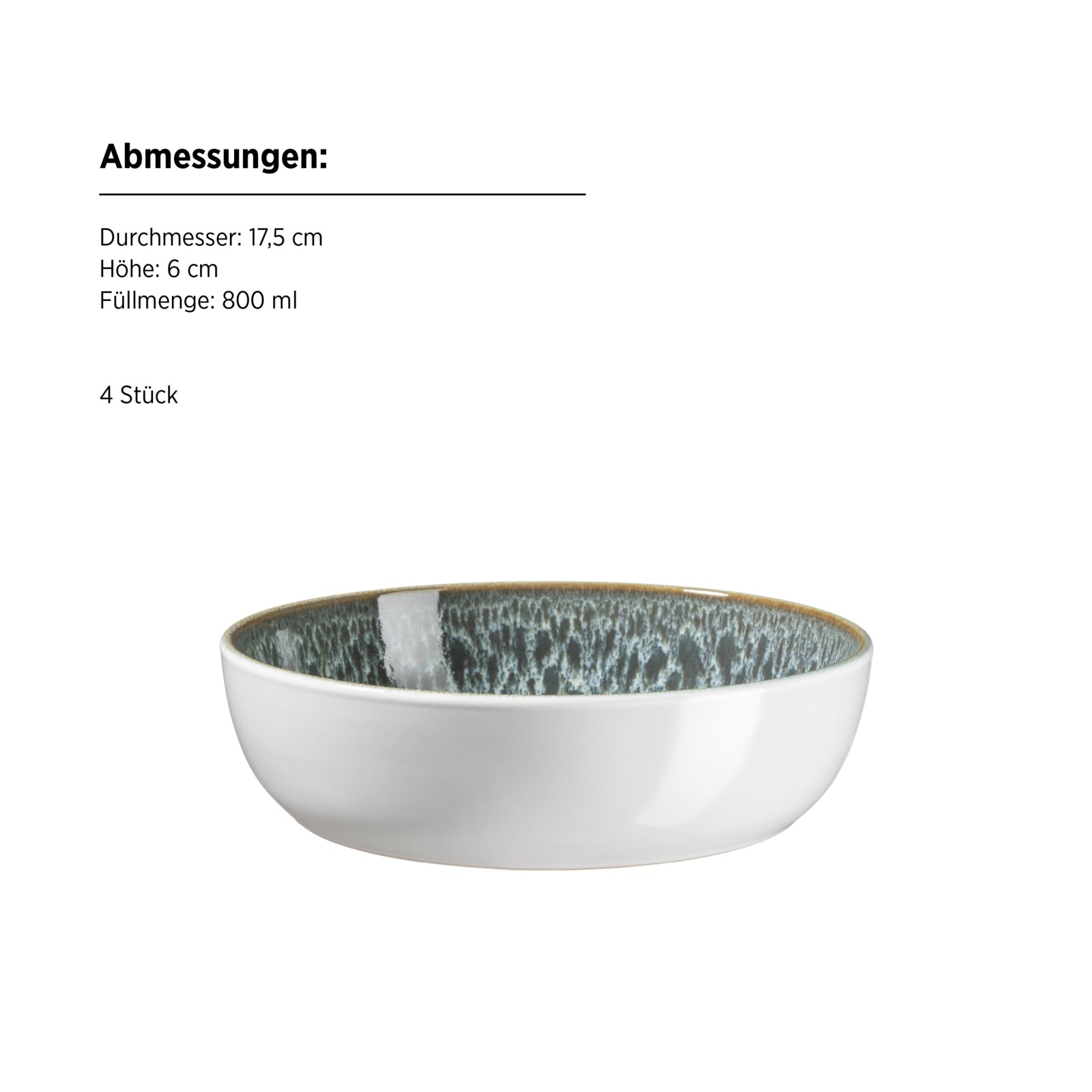Keramikschale in Weiß mit blau-grün gesprenkelter Innenglasur, ca. 17,5 cm Durchmesser und 6 cm Höhe (800 ml), Produktansicht schräg von vorne leicht von oben