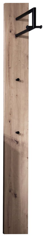 Garderobenpaneel aus Holz mit drei schwarzen Haken, frontal abgebildet.