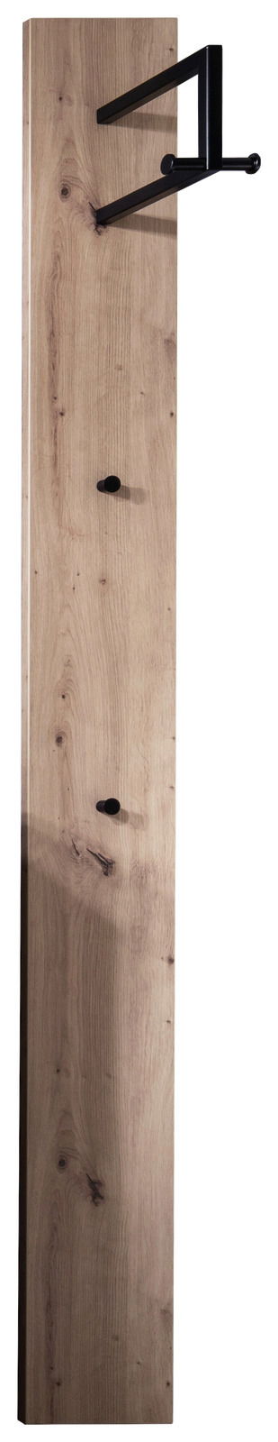 Moderano Garderobenpaneel ALMADA Garderobenpaneel aus Holz mit drei schwarzen Haken, frontal abgebildet.