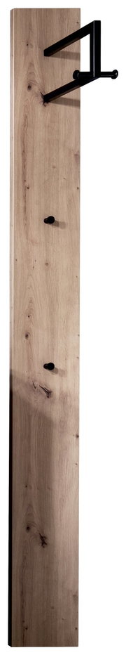 Garderobenpaneel aus Holz mit drei schwarzen Haken, frontal abgebildet.