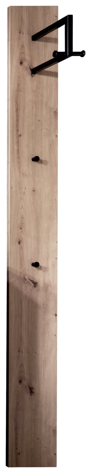 Garderobenpaneel aus Holz mit drei schwarzen Haken, frontal abgebildet.