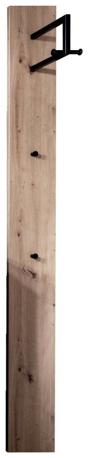 Houten garderobepaneel met drie zwarte haken, afgebeeld van voren.