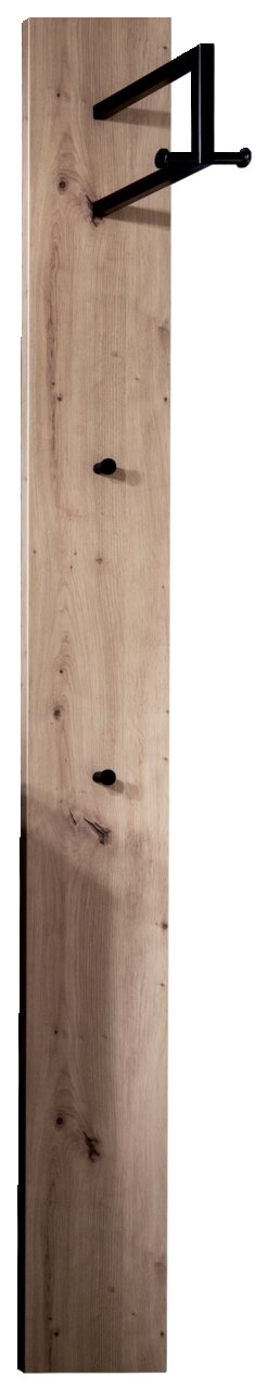 Garderobenpaneel aus Holz mit drei schwarzen Haken, frontal abgebildet.