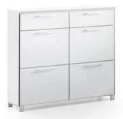 Moderner weißer Schuhschrank mit sechs Fächern und silbernen Griffen, frontal abgebildet.