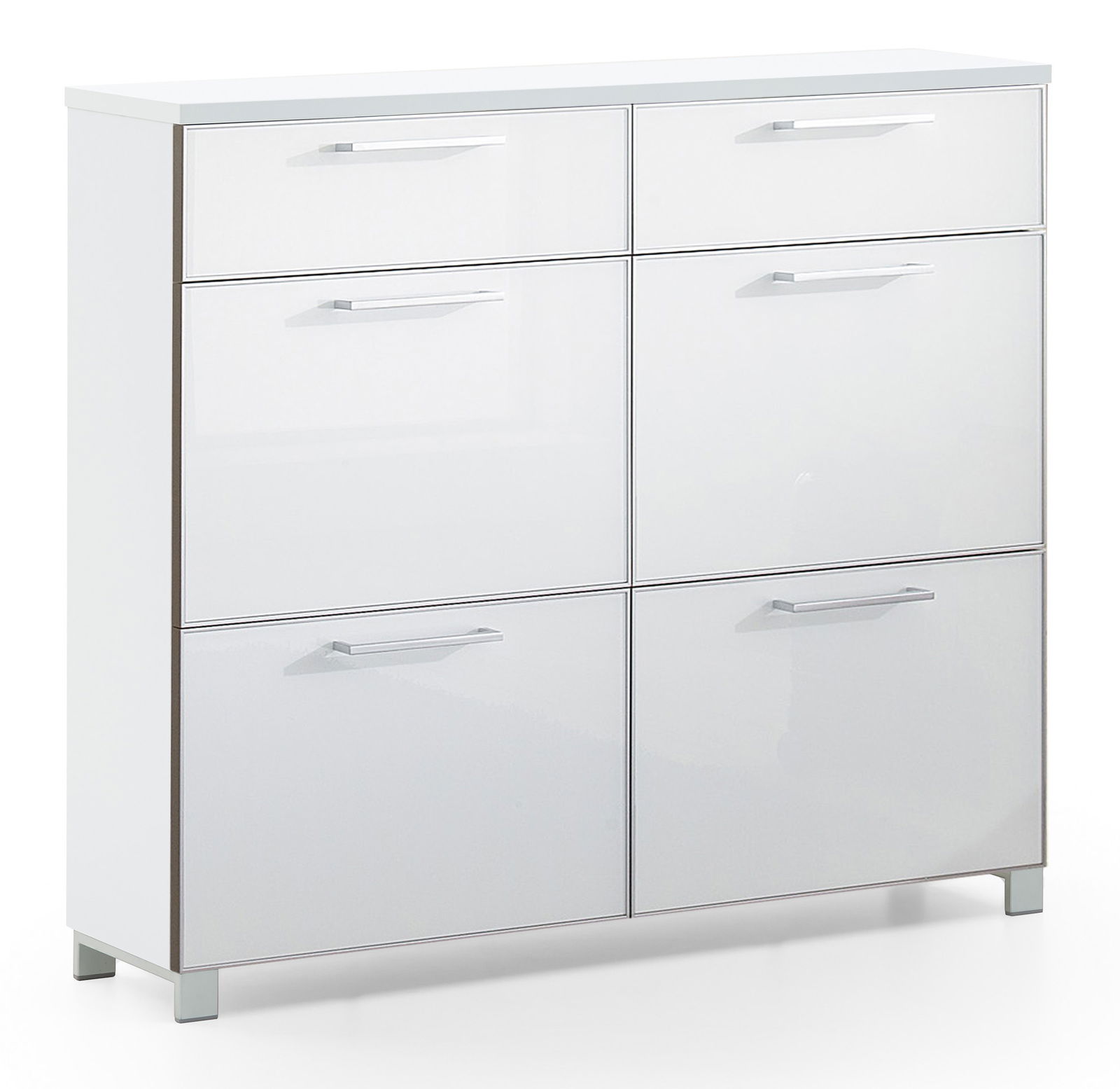 Moderner weißer Schuhschrank mit sechs Fächern und silbernen Griffen, frontal abgebildet.