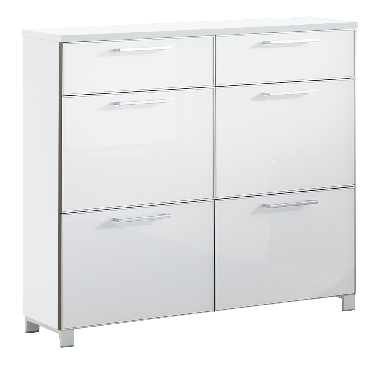 VOSS Schuhschrank SANTINA Moderner weißer Schuhschrank mit sechs Fächern und silbernen Griffen, frontal abgebildet.