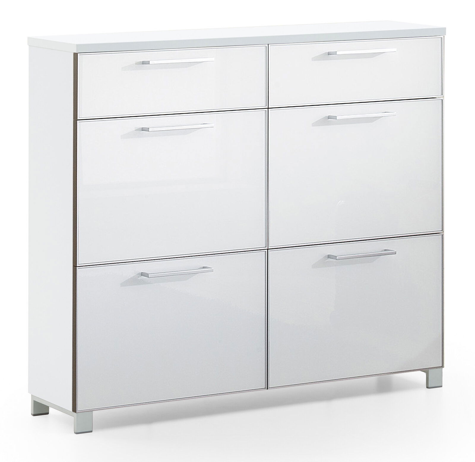 VOSS Schuhschrank SANTINA Moderner weißer Schuhschrank mit sechs Fächern und silbernen Griffen, frontal abgebildet.