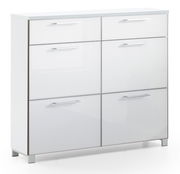 Moderner weißer Schuhschrank mit sechs Fächern und silbernen Griffen, frontal abgebildet.