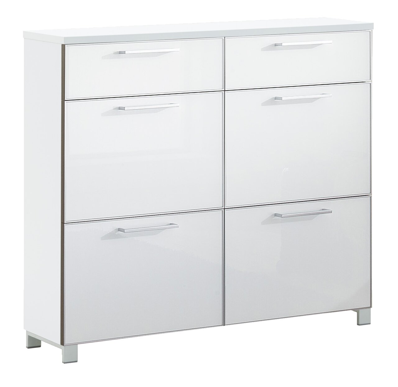 VOSS Schuhschrank SANTINA Moderner weißer Schuhschrank mit sechs Fächern und silbernen Griffen, frontal abgebildet.