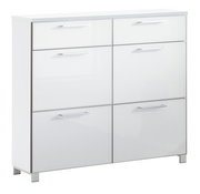 Moderner weißer Schuhschrank mit sechs Fächern und silbernen Griffen, frontal abgebildet.