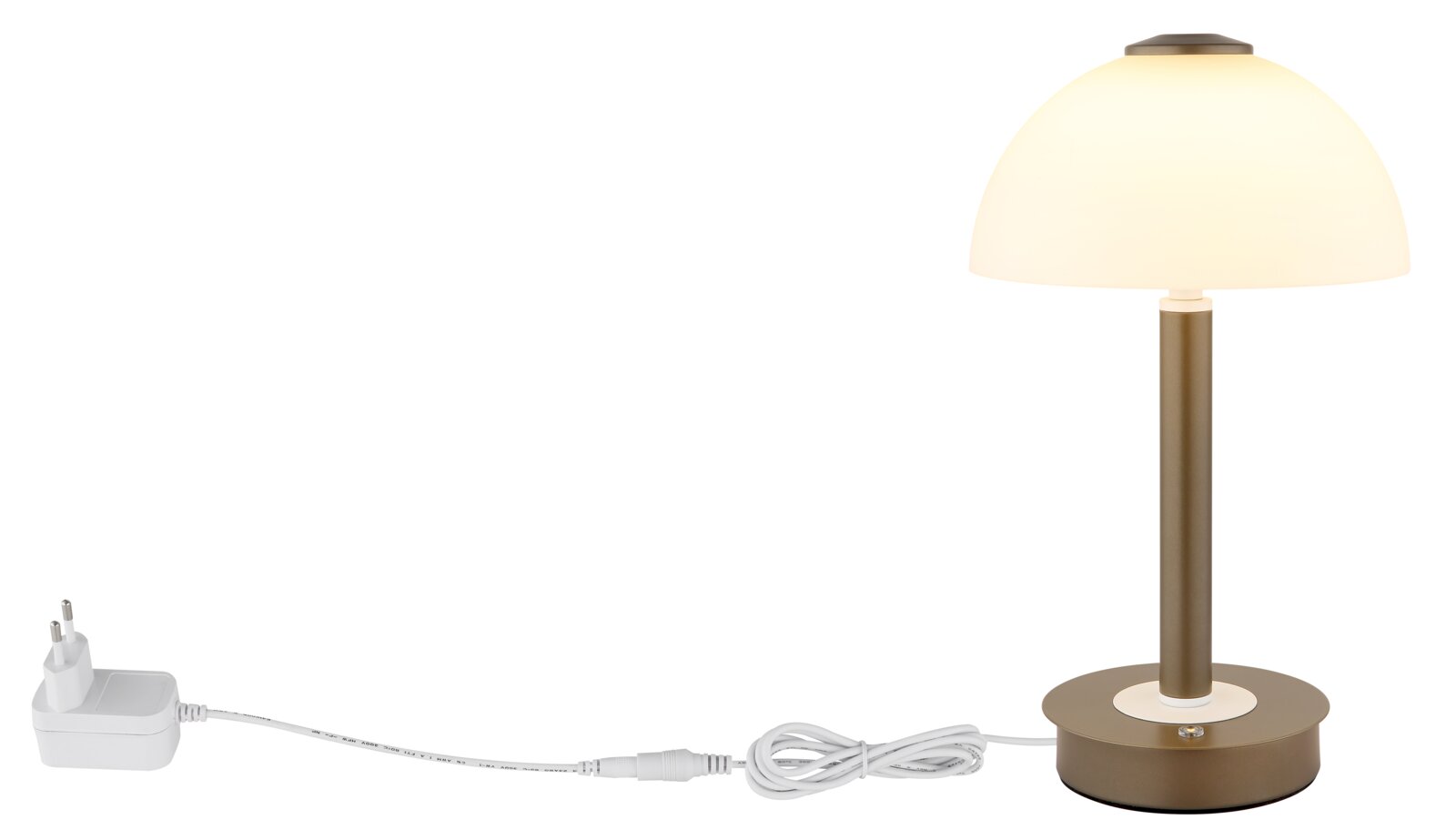 Moderne Tischlampe mit halbkugelförmigem, cremefarbenem Schirm und bronzefarbenem Fuß inklusive Netzteil und Kabel, freigestellt auf weißem Hintergrund, Frontansicht (leicht seitlich).