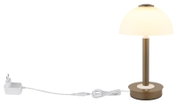Moderne Tischlampe mit halbkugelförmigem, cremefarbenem Schirm und bronzefarbenem Fuß inklusive Netzteil und Kabel, freigestellt auf weißem Hintergrund, Frontansicht (leicht seitlich).