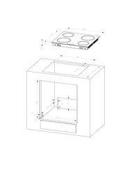 Technische Maßzeichnung eines Einbau-Kochfelds mit vier Kochzonen und Einbausituation im Küchenschrank, perspektivische Ansicht schräg von oben (Isometrie) mit Bemaßungen (ca. 580×510 mm, Ausschnitt ca. 560×490 mm).