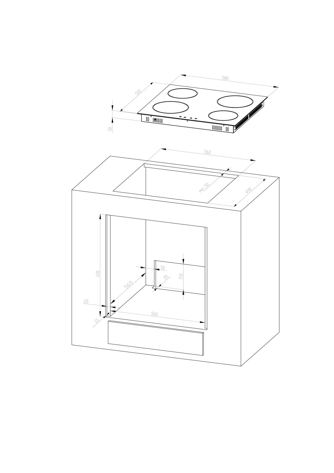 Technische Maßzeichnung eines Einbau-Kochfelds mit vier Kochzonen und Einbausituation im Küchenschrank, perspektivische Ansicht schräg von oben (Isometrie) mit Bemaßungen (ca. 580×510 mm, Ausschnitt ca. 560×490 mm).