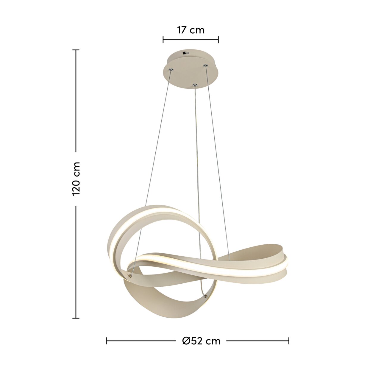 Moderne LED-hanglamp met gebogen vormgeving, zijaanzicht, diameter 52 cm, hoogte 120 cm.