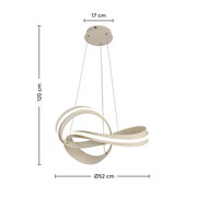 Moderne LED-hanglamp met gebogen vormgeving, zijaanzicht, diameter 52 cm, hoogte 120 cm.