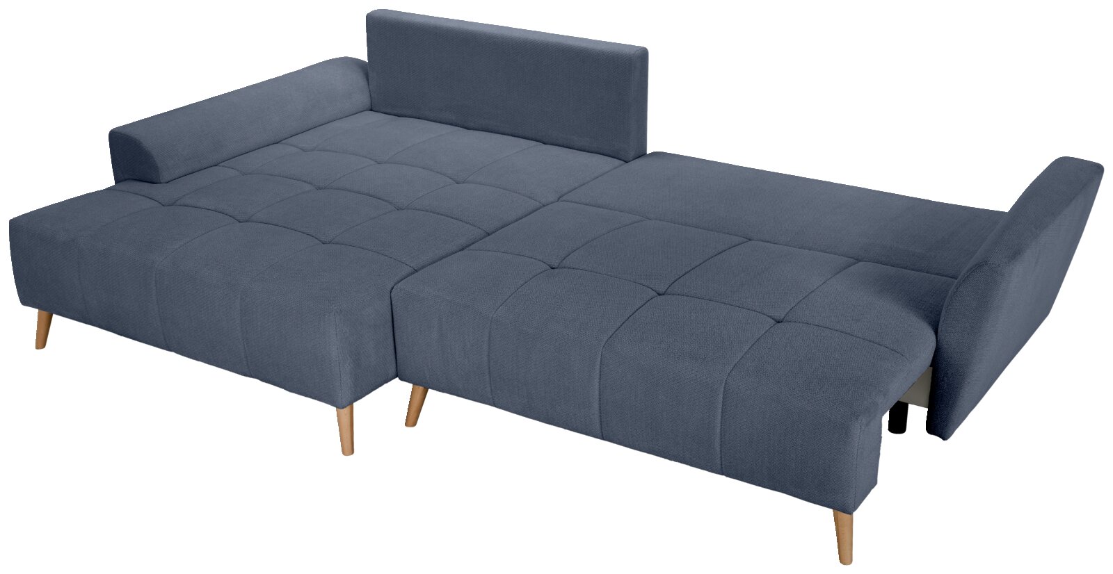 Blaues Schlafsofa mit gesteppter Liegefläche, ausklappbarer Bettfunktion und Holzfüßen, Ansicht schräg von vorn oben
