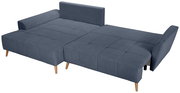 Blaues Schlafsofa mit gesteppter Liegefläche, ausklappbarer Bettfunktion und Holzfüßen, Ansicht schräg von vorn oben