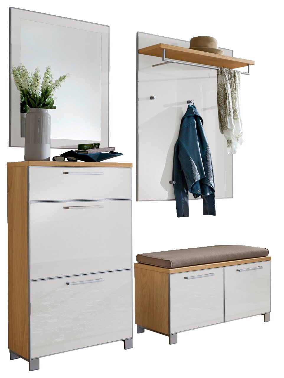 Garderoben-Set 5-tlg. in moderner Holz- und Weißoptik, bestehend aus Spiegel, Schuhschrank, Sitzbank mit Stauraum und Wandpaneel mit Ablage, frontal abgebildet.